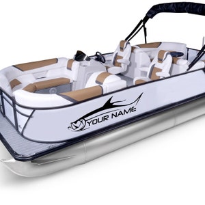 May include: White pontoon boat with a black fish graphic and the text "YOUR NAME" on the side. The boat has brown and grey seating.