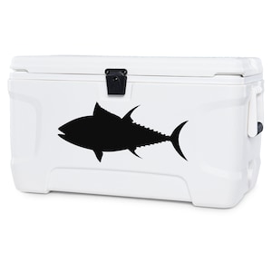 May include: White cooler with a black silhouette of a tuna fish on the side.