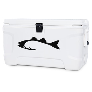 May include: White cooler with a black fish silhouette decal. The fish has a hook in its mouth.