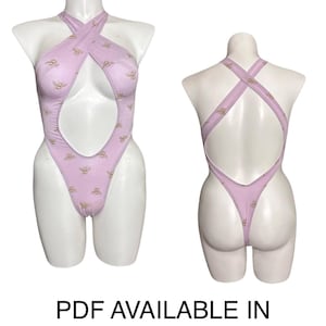 May include: A light purple swimsuit with a bee pattern, displayed on a mannequin. The swimsuit has a halter-style top with a keyhole cutout and a high-cut bottom. The text "PATTERN ONLY" and "PDF AVAILABLE IN A0, A4 XXS-4X" are visible.
