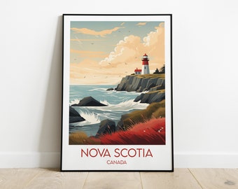 May include: A vintage-style poster featuring a red and white lighthouse on a rocky cliff overlooking a blue ocean with white waves. The poster has the text "NOVA SCOTIA CANADA" at the bottom.