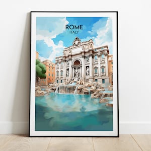 May include: A watercolour illustration of the Trevi Fountain in Rome, Italy. The fountain is a large, ornate structure with a central statue of Oceanus, the god of the sea. The fountain is surrounded by a pool of water and is decorated with sculptures of sea creatures.