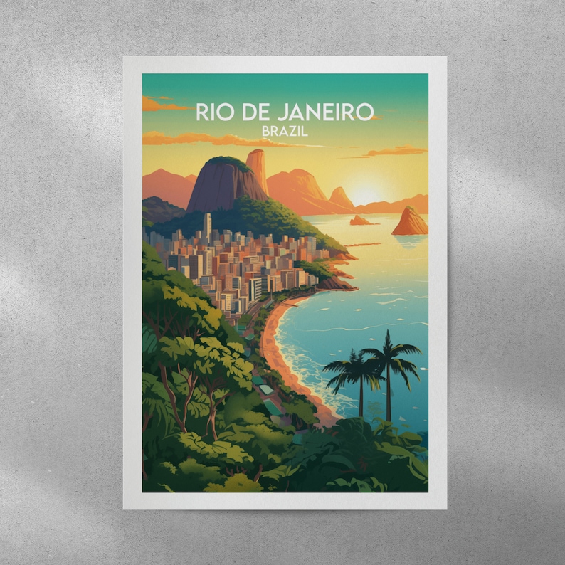 Może przedstawiać: Kolorowa ilustracja Rio de Janeiro w Brazylii, z ikonicznym wzg&oacute;rzem  Głowa Cukru i posągiem Chrystusa Odkupiciela w tle. Miasto jest pokazane na pierwszym planie, z plażą i palmami.
