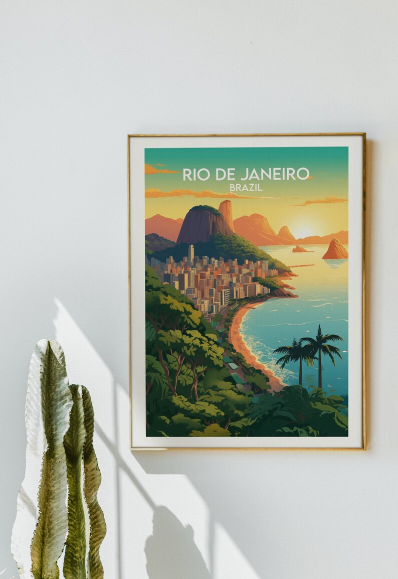 Może przedstawiać: Winietyczny plakat podr&oacute;żniczy z kolorową ilustracją Rio de Janeiro w Brazylii. Plakat przedstawia panoramę miasta z g&oacute;rami w tle, plażą i palmami. Tekst "Rio de Janeiro" i "Brazylia" jest wydrukowany na zielonym tle białym kolorem.
