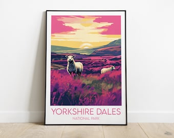 May include: A colorful illustration of a landscape with two sheep in a field of purple flowers. The sky is pink and yellow with a sun setting in the distance. The text "Yorkshire Dales National Park" is at the bottom of the image.