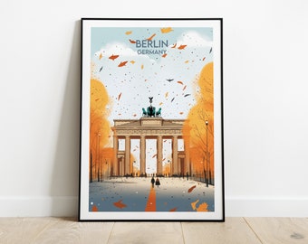 May include: A digital illustration of the Brandenburg Gate in Berlin, Germany, with falling autumn leaves in shades of orange, yellow, and red. The sky is blue with white clouds. The text "BERLIN GERMANY" is at the top of the image.