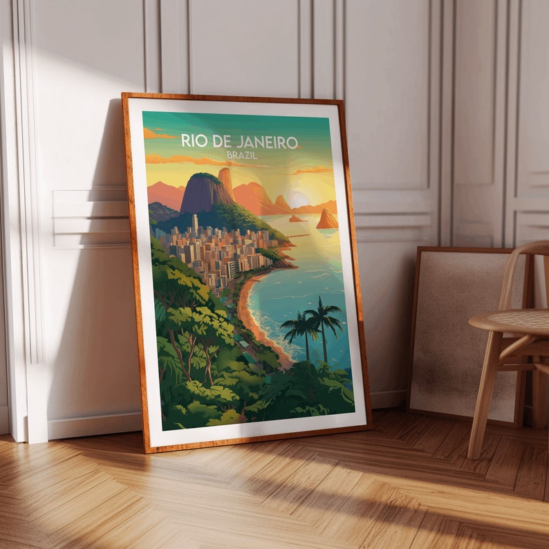 Może przedstawiać: Kolorowa ilustracja Rio de Janeiro w Brazylii, przedstawiająca kultowy  G&oacute;ra Cukrowa, plażę Copacabana i bujną zieleń. Tekst "Rio de Janeiro, Brazylia" jest wyświetlany w g&oacute;rnej części obrazu.