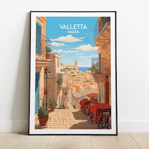 May include: A colorful illustration of a street scene in Valletta, Malta. The image shows a narrow street with buildings on either side, a view of the city in the distance, and a cafe with red tables and chairs.