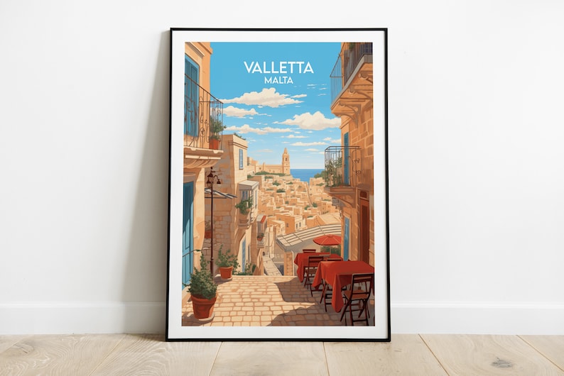 May include: A colorful illustration of a street scene in Valletta, Malta. The image shows a narrow street with buildings on either side, a view of the city in the distance, and a cafe with red tables and chairs.
