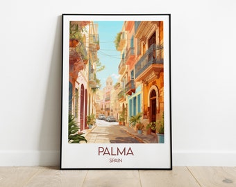 May include: A colourful illustration of a narrow street in Palma, Spain. The street is lined with tall buildings with balconies and windows. The buildings are painted in shades of yellow, orange, and pink. The street is empty except for a few cars in the distance. The text "PALMA" and "SPAIN" is printed at the bottom of the image.