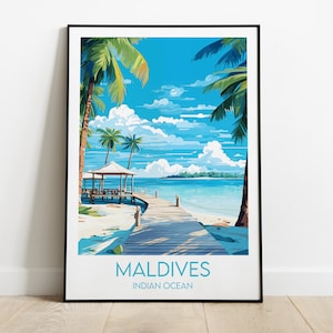 Affiche de voyage aux Maldives - Poster de l'océan Indien - Cadeau d'anniversaire de mariage personnalisé