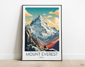 Op de afbeelding: Een kleurrijke illustratie van de Mount Everest, de hoogste berg ter wereld, met gebedsvlaggen en een blauwe lucht. De tekst "MOUNT EVEREST NEPAL" staat onderaan de afbeelding.