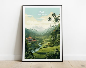 Puede incluir: Un póster de viaje vintage que muestra una vista panorámica de los arrozales de Bali, Indonesia. El póster presenta un templo balinés tradicional en primer plano y tiene una combinación de colores verde, azul y marrón.