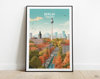 Pode incluir: Uma ilustração colorida do horizonte de Berlim com o Portão de Brandemburgo, a Torre de Televisão de Berlim e outros edifícios. A ilustração está sobre um fundo de céu azul com nuvens brancas. O texto "BERLIM ALEMANHA" está impresso na parte superior da ilustração.