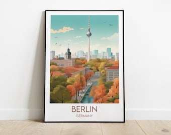 Pode incluir: Uma impressão artística emoldurada com uma ilustração estilizada de Berlim, Alemanha. A obra de arte retrata o horizonte da cidade com a icónica Torre de Televisão, edifícios e folhagem de outono. O texto "BERLIN GERMANY" está incluído.