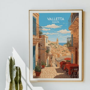 May include: A vintage travel poster with a colorful illustration of a narrow street in Valletta, Malta. The poster features a view of the city from a street level perspective, with buildings on either side of the street and a glimpse of the sea in the distance. The poster has the text "Valletta, Malta" at the top.