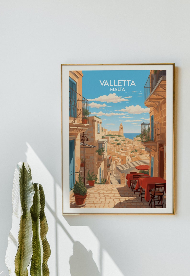 May include: A vintage travel poster with a colorful illustration of a narrow street in Valletta, Malta. The poster features a view of the city from a street level perspective, with buildings on either side of the street and a glimpse of the sea in the distance. The poster has the text "Valletta, Malta" at the top.