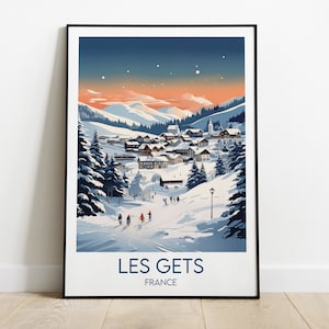 Op de afbeelding: Een kleurrijke illustratie van een besneeuwd bergdorp met een zonsondergangshemel en de tekst "LES GETS FRANKRIJK".