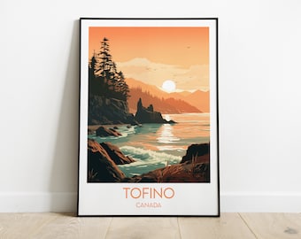 Op de afbeelding: Een kleurrijke illustratie van een zonsondergang boven een rotsachtige kustlijn met een grote zon aan de hemel. De tekst "TOFINO CANADA" staat onderaan de afbeelding.