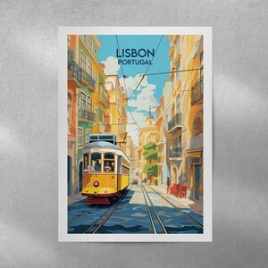May include: A yellow vintage-style tram travels down a cobblestone street in Lisbon, Portugal. The street is lined with colorful buildings and there are people walking on the sidewalk.