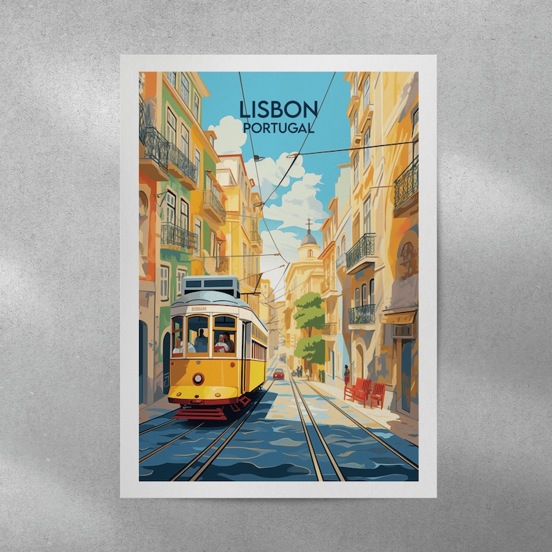 May include: A yellow vintage-style tram travels down a cobblestone street in Lisbon, Portugal. The street is lined with colorful buildings and there are people walking on the sidewalk.
