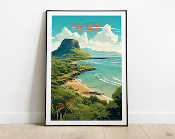 May include: A vintage travel poster featuring a scenic view of Mauritius, an island nation in the Indian Ocean. The poster depicts a lush green landscape with a rocky cliff, a sandy beach, and turquoise blue water. The text "Mauritius Indian Ocean" is displayed at the top of the poster.