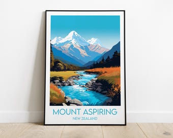 Puede incluir: Una ilustración colorida del Monte Aspiring, una cordillera en Nueva Zelanda, con un río que fluye a través de un valle. El texto "MOUNT ASPIRING NEW ZEALAND" está en la parte inferior de la imagen.