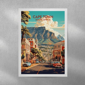 May include: A vintage travel poster featuring a colorful illustration of Cape Town, South Africa. The poster depicts a street scene with buildings, palm trees, and cars, with Table Mountain in the background. The text "CAPE TOWN" and "SOUTH AFRICA" is displayed in a retro font.