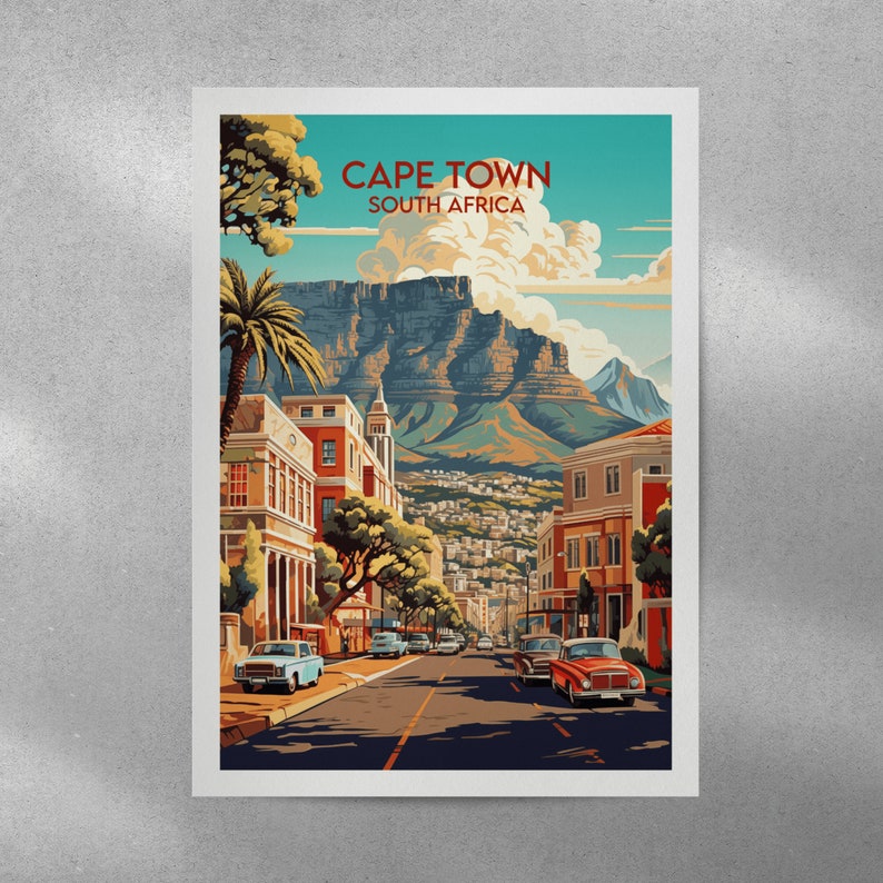 May include: A vintage travel poster featuring a colorful illustration of Cape Town, South Africa. The poster depicts a street scene with buildings, palm trees, and cars, with Table Mountain in the background. The text "CAPE TOWN" and "SOUTH AFRICA" is displayed in a retro font.