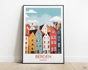 Bergen Travel Print - Norway Poster - Custom Personalised Wedding Birthday Gift