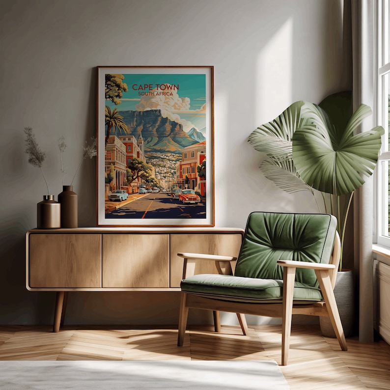 May include: A vintage-style poster with a colorful illustration of a street scene in Cape Town, South Africa. The poster features a mountain in the background and buildings on either side of the street. The text "CAPE TOWN SOUTH AFRICA" is printed at the top of the poster.