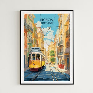 May include: A yellow and white tram travels down a narrow street lined with colorful buildings in Lisbon, Portugal. The street is sunny and the sky is blue.