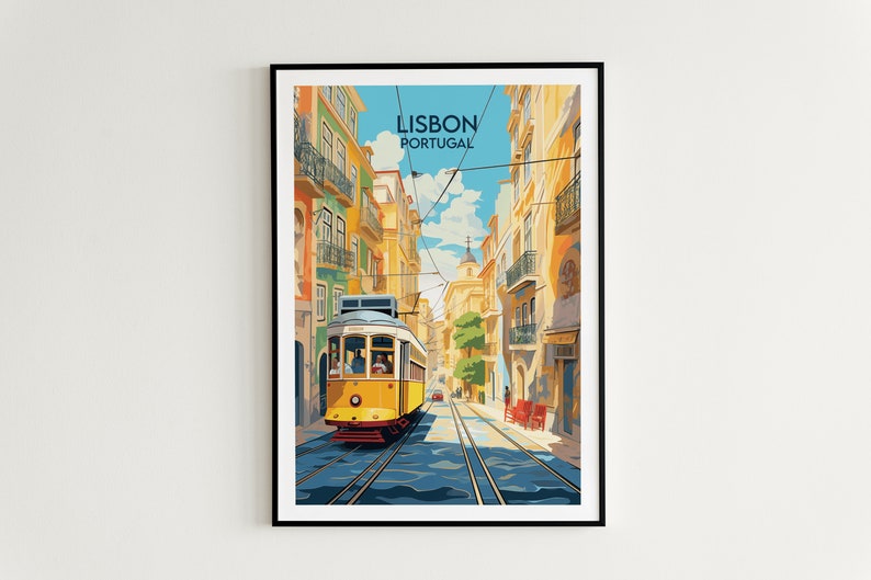 May include: A yellow and white tram travels down a narrow street lined with colorful buildings in Lisbon, Portugal. The street is sunny and the sky is blue.