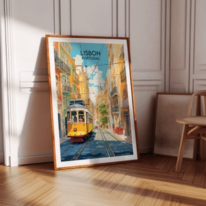 May include: A vintage travel poster featuring a yellow tram traveling down a cobblestone street in Lisbon, Portugal. The poster has a blue sky with white clouds and colorful buildings on either side of the street.