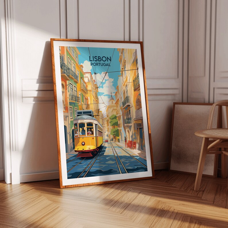 May include: A vintage travel poster featuring a yellow tram traveling down a cobblestone street in Lisbon, Portugal. The poster has a blue sky with white clouds and colorful buildings on either side of the street.