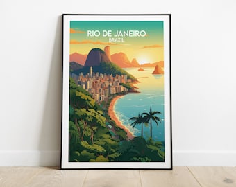 Op de afbeelding: Een kleurrijke illustratie van Rio de Janeiro, Brazilië, met de iconische Suikerbroodberg op de achtergrond. De stad is afgebeeld langs de kustlijn met een strand en palmbomen op de voorgrond.