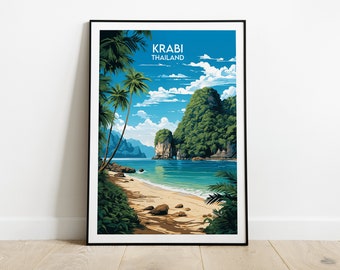 May include: A vintage travel poster featuring a scenic view of a tropical beach in Krabi, Thailand. The poster features a blue sky with white clouds, lush green palm trees, a sandy beach, and turquoise water. The text "KRABI THAILAND" is printed in white at the top of the poster.