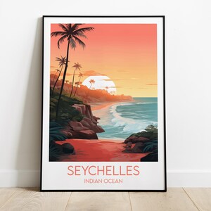 Impresión de viaje a Seychelles - Póster del Océano Índico - Regalo personalizado de boda o cumpleaños