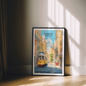 May include: A vintage-style travel poster featuring a yellow tram traveling down a street in Lisbon, Portugal. The poster has a blue sky with white clouds and colorful buildings on either side of the street.