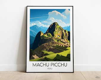 Könnte beinhalten: Ein gerahmtes Poster mit einer farbenfrohen Illustration von Machu Picchu, einer alten Inka-Stadt in Peru. Das Poster trägt den Text "Machu Picchu" und "Peru" unter dem Bild.