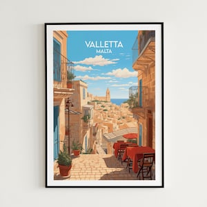 May include: A colorful illustration of a street scene in Valletta, Malta. The image shows a narrow street with buildings on either side, a view of the city in the distance, and a cafe with red tables and chairs.
