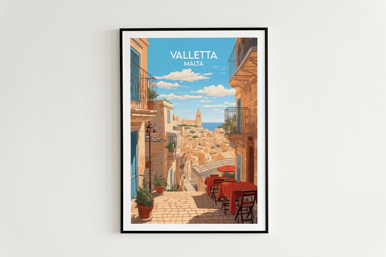 May include: A colorful illustration of a street scene in Valletta, Malta. The image shows a narrow street with buildings on either side, a view of the city in the distance, and a cafe with red tables and chairs.