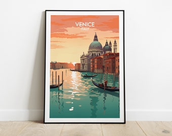 May include: Framed art print of Venice, Italy, featuring a canal scene with gondolas and buildings. The artwork has a vintage travel poster style, with text that reads "Venice Italy" at the top. The color palette includes orange, teal, and brown.