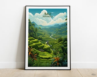 Puede incluir: Un póster enmarcado con una ilustración colorida de arrozales en Bali, Indonesia. El póster tiene el texto "Bali Indonesia" en la parte superior.