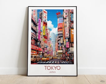 Könnte beinhalten: Ein gerahmter Kunstdruck einer Tokioter Straßenszene. Das Kunstwerk zeigt eine lebhafte Straße mit bunten Schildern, Gebäuden und Fahrzeugen. Die Wörter "TOKYO" und "JAPAN" sind unten in Rot gedruckt. Der Himmel ist blau mit weißen Wolken.