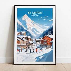 May include: A colorful illustration of a snowy mountain village with the text "ST ANTON AUSTRIA" at the top. The village is nestled in a valley with a snow-capped mountain in the background. People are skiing and walking in the snow.