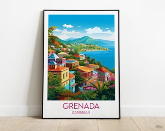 May include: A colorful illustration of a tropical island town with colorful houses, palm trees, and a blue ocean. The text "GRENADA CARIBBEAN" is at the bottom of the image.