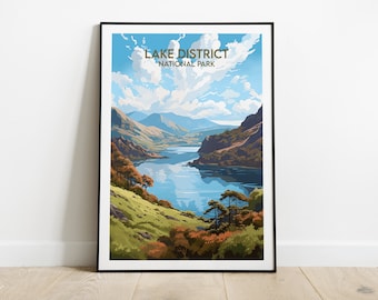 Könnte beinhalten: Ein Vintage-Poster mit einer blauen und grünen Illustration eines Sees und Bergen. Der Text "LAKE DISTRICT NATIONAL PARK" befindet sich oben auf dem Poster.