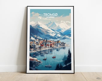 May include: A colorful illustration of Tromsø, Norway, featuring a town nestled between snow-capped mountains and a body of water. The town is filled with colorful buildings and boats are visible in the water.