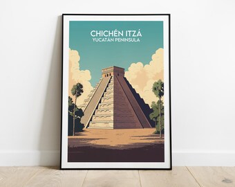 May include: A framed art print featuring a stylized illustration of Chichén Itzá, a Mayan pyramid on the Yucatán Peninsula. The artwork uses a muted color palette of beige, brown, and teal, with the text "CHICHÉN ITZÁ YUCATAN PENINSULA".